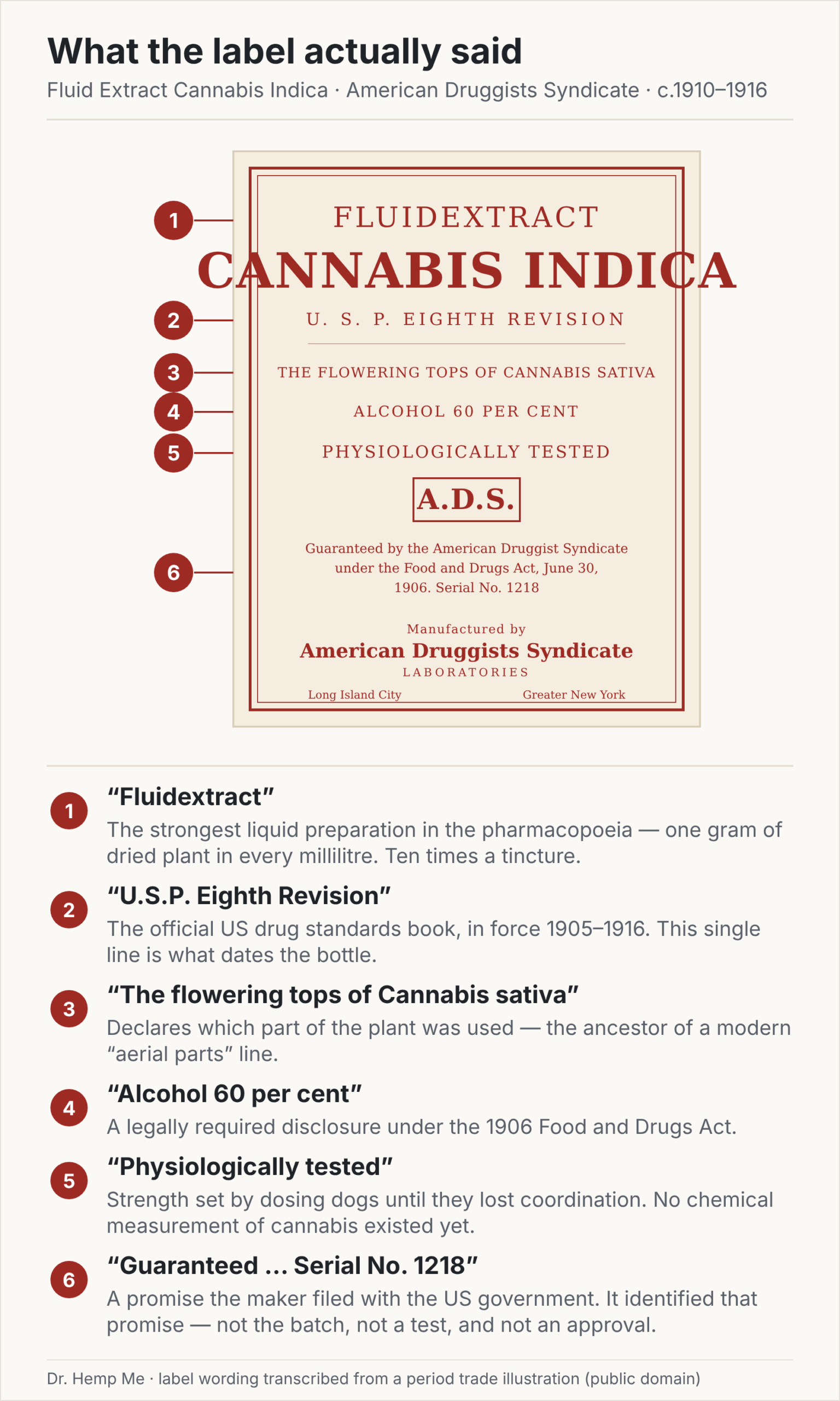 Annotated 1912 label for Fluid Extract Cannabis Indica by the American Druggists Syndicate, with six numbered callouts explaining each phrase